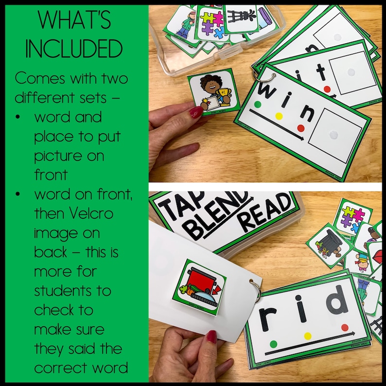 May include: Two sets of green and white flash cards with words and pictures. The cards are labeled "win" and "rid". The cards are part of a "Tap Blend Read" game.