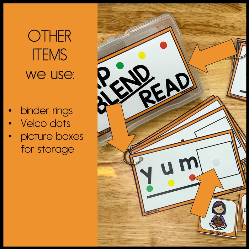 Pu&ograve; includere: Un set di flash card arancioni e nere con le parole "BLEND READ" su un contenitore di plastica trasparente. Le carte hanno un punto verde, giallo e rosso su ogni carta. Le carte sono etichettate "Short i Words".