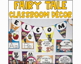FAIRY TALE THEMED Classroom Decor Elementary, Alphabet Posters, Number Posters, Labels, Banners, Name Tags,  Number Posters
