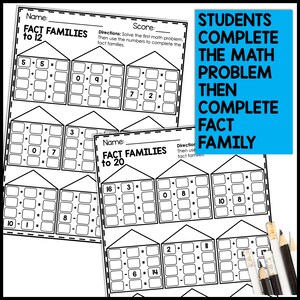 May include: Black and white printable worksheet with the title "Fact Families to 12" and "Fact Families to 20". The worksheet includes math problems for students to solve and complete fact families.