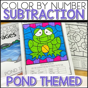 Puede incluir: Actividad de colorear por números de resta con una rana en un estanque. La hoja de trabajo incluye una clave de colores con colores como amarillo, azul claro, verde, blanco y rosa intenso. Resuelve cada problema de resta para colorear la imagen.
