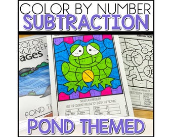 May include: Color by number subtraction activity featuring a frog in a pond. The worksheet includes a color key with colors like yellow, light blue, green, white, and hot pink. Solve each subtraction problem to color the picture.