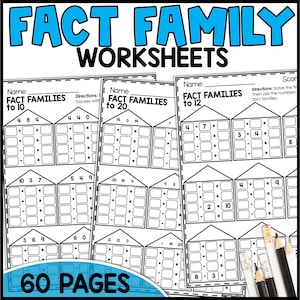 1st Grade Math Worksheets, Printable Activity Book, Homeschool Activities, Elementary Fact Family Math Practice Pages