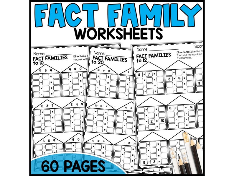 May include: Black and white printable worksheets for learning fact families to 10, 12, and 20. The worksheets feature a house shape with blank spaces for students to fill in the missing numbers in each fact family.