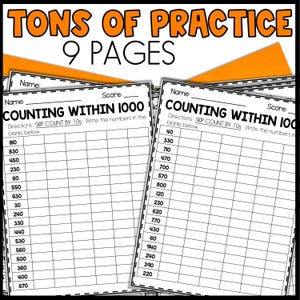 May include: Black and white printable worksheet with the title "Counting Within 1000" and directions to skip count by 10s. The worksheet has a grid with numbers listed in the first column and blank spaces in the remaining columns.