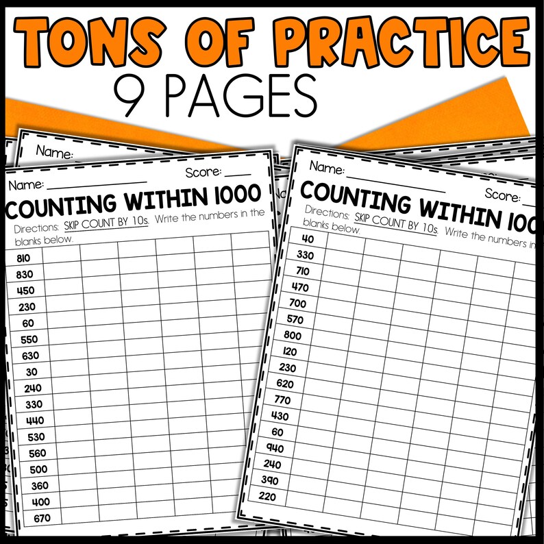 May include: Black and white printable worksheet with the title "Counting Within 1000" and directions to skip count by 10s. The worksheet has a grid with numbers listed in the first column and blank spaces in the remaining columns.