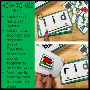 May include: A set of green and white flashcards with the words "lid" and "rid" written on them. Each letter has a dot underneath it. The cards are used to teach children how to blend sounds together to make words.