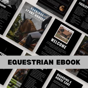 May include: A digital equestrian ebook template featuring black and white pages with text, headers like Oakridge Sport Horses, Welcome, and Facility, and photographs of a brown horse, a stable building, and green jumping poles in a field.