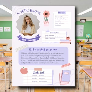 May include: A classroom poster with the text "Meet the Teacher" and "Ms. Jensen." The poster includes a photo, a list of favourites, contact information, and a wish list for supplies. The colour scheme is soft pink and purple.