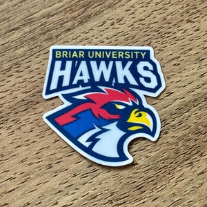 May include: A die-cut sticker featuring the Briar University Hawks logo. The design displays the text BRIAR UNIVERSITY in yellow above the word HAWKS in large white letters with a dark blue outline. A stylized hawk head in red, blue, and yellow is below.