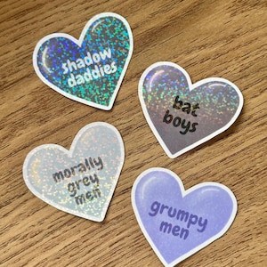 Holografiska hjärtklistermärken | Shadow Daddy, Bat Boys, Moral Grey, Grumpy | Kindle-klistermärken | Romantikläsare | Mörk romantik