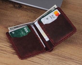 Handmade Bifold Leather Wallet, Personalized Leather Wallet, Minimalist Wallet, Anniversary Gift, Groomsmen Gift,Valentines Day Gift for Him