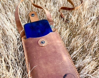 Leather Crossbody Phone Bag, Personalized Leather Phone Case Bag, Small Phone Bag with Strap and Card Wallet, Gift for Valentines Day