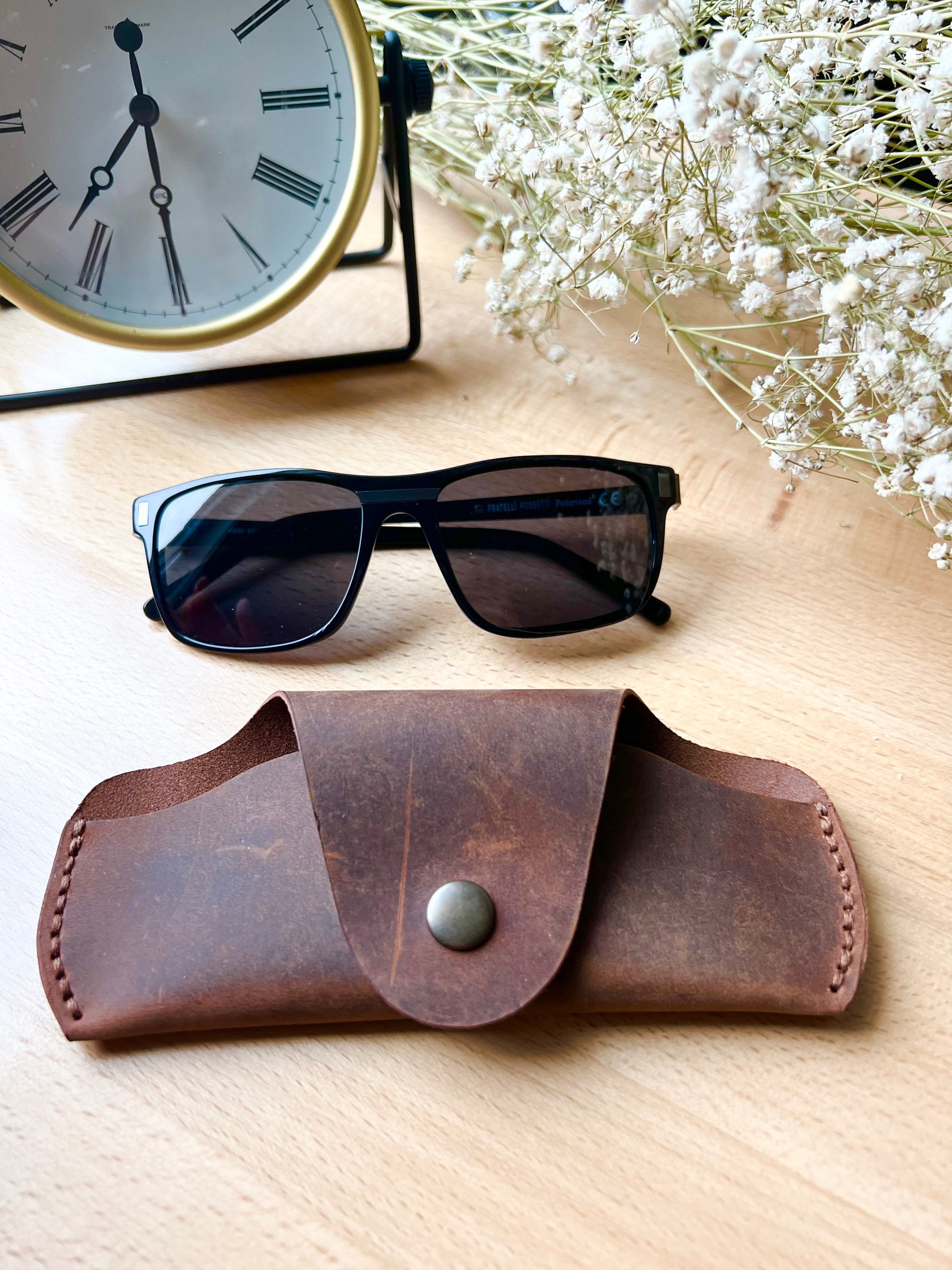 Deluxe Soft Leather Glasses Case for Men | Handmade Sunglasses Storage Case, Solid Brown