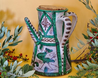 Rara jarra/jarra de cerámica de gallo mudéjar “Domingo Punter” de mediados de siglo de Teruel, España
