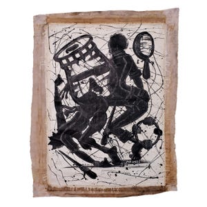 Vintage African Painting – Signed Mkushi – Tanzanian/Kenyan Art on Raw Canvas – Black White Cultural Wall Decor Artwork - Tanzania/Kenya