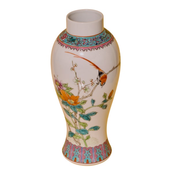 Mid-Century Porcelain Hand-painted “Famille Rose” Enamel Vase from China / Vintage Vase with Flowers, Bird, and Chinese Calligraphy Ceramics