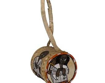 ヴィンテージエチオピアンハンドペイントレザードラム：小型装飾民族楽器｜アフリカの部族芸術｜素朴なボヘミアン風インテリア