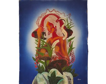 Authentique tableau batik trippy, originaire de Java, en Indonésie. Grand 36" de haut. Décoration murale trippy, psychédélique, colorée, peinte à la main / suspendue