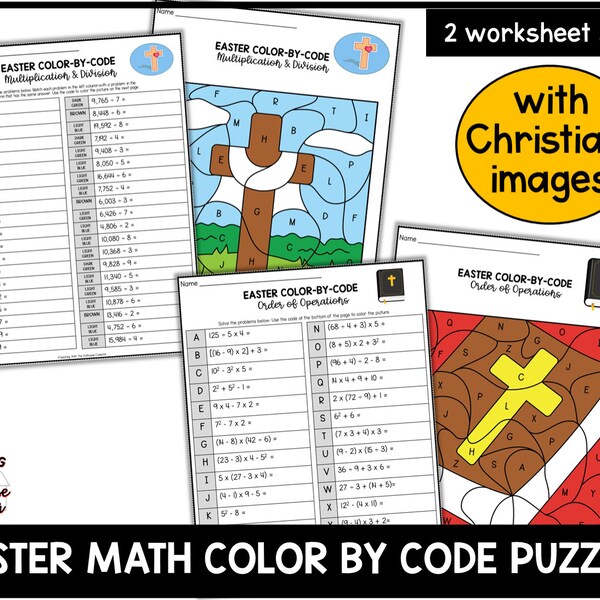 CHRISTIAN Ostern Math Color By Code Arbeitsblätter | Malen nach Zahlen | 5. Klasse | Oberstufe | Weihnachtsmathematik | Mathe-Übung | Bibel Kreuz