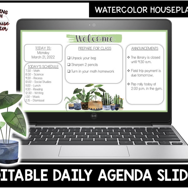 Editable Daily Agenda Slides Watercolor HOUSEPLANTS Theme | PowerPoint Templates | Morning Meeting Slides