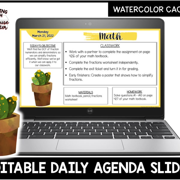 Editable Daily Agenda Slides Watercolor CACTUS Theme | PowerPoint Templates | Morning Meeting Slides