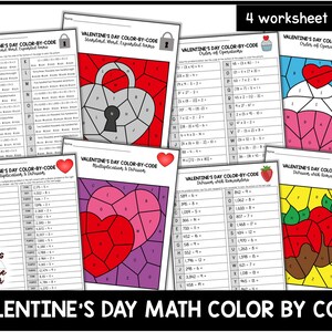 Valentine math color by code math worksheets