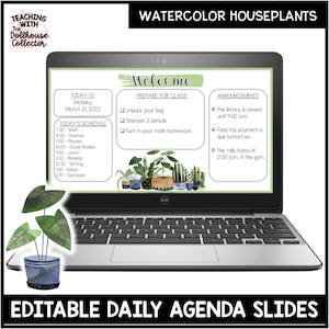 Editable Daily Agenda Slides Watercolor HOUSEPLANTS Theme | PowerPoint Templates | Morning Meeting Slides