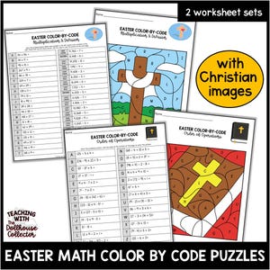May include: Three printable Easter color-by-code worksheets featuring Christian images. The worksheets include multiplication and division problems, order of operations problems, and a color-by-code key.