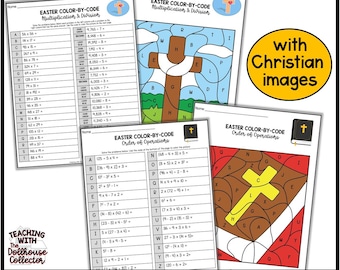 Hojas de trabajo de matemáticas de Pascua cristianas para colorear por código: 4.º a 6.º grado (descarga digital)