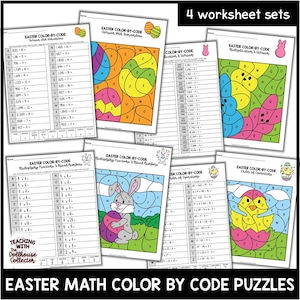 May include: Four printable Easter-themed math worksheets for kids. Each worksheet features a color-by-code activity with an Easter-themed image to color in. The worksheets cover different math skills, including division with remainders, multiplication and division, multiplying fractions and mixed numbers, and order of operations.