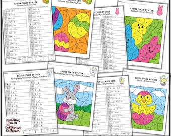 Hojas de trabajo de matemáticas de Pascua para colorear por código: 4.º a 6.º grado (descarga digital)