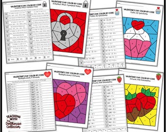 Matemáticas de San Valentín: Colorea por código: 4.º a 6.º grado (Descarga digital)