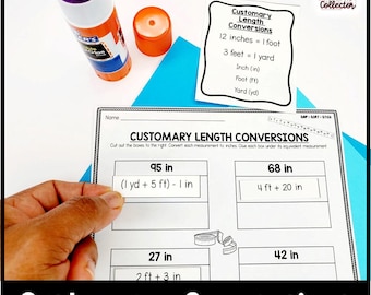 Hojas de trabajo de corte y clasificación de conversiones de medidas habituales para matemáticas de quinto grado