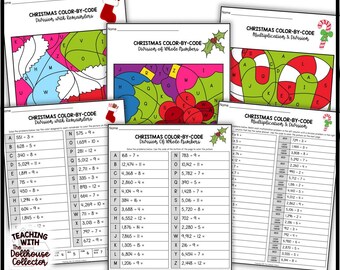 Hojas de trabajo de matemáticas navideñas para colorear por código: Multiplicación y división (Descarga digital)