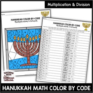 May include: A printable Hanukkah color-by-code worksheet featuring a menorah with candles. The worksheet includes multiplication and division problems to solve and a color code to color the menorah.