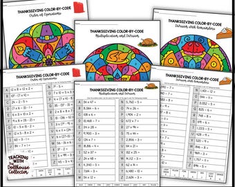 Hojas de trabajo de matemáticas para colorear por código de Acción de Gracias: Grados 4-6 (Descarga digital)
