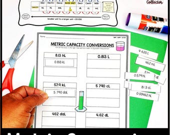 Hojas de trabajo para cortar y clasificar conversiones de medidas métricas / Matemáticas de quinto grado / Sin preparación / Centros de matemáticas