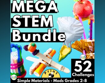 May include: A colorful image promoting a STEM bundle with 52 challenges for grades 2-8. The image features various STEM activities using simple materials like popsicle sticks, straws, and paper. The text "MEGA STEM Bundle" and "Simple Materials - Mods Grades 2-8" are visible.