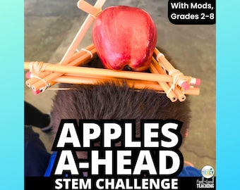May include: A STEM challenge for grades 2-8 called "Apples A-Head". A child is wearing a structure made of pencils and rubber bands on their head, with a red apple balanced on top.