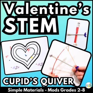 Peut inclure: Activité STEM de la Saint-Valentin pour les enfants de la 2e à la 8e année. L'image montre une cible en forme de cœur avec des cercles numérotés et un carquois de Cupidon fait avec une paille, un élastique et un coton-tige.