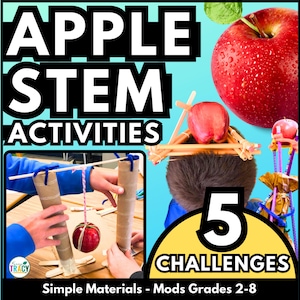 May include: Image promoting "Apple STEM Activities" with text and illustrations. Features a large red apple, a child's head with a small apple structure, and hands constructing a model with an apple. The text reads "5 CHALLENGES" and "Simple Materials - Mods Grades 2-8".