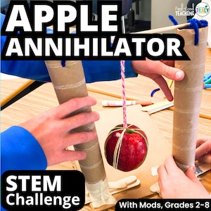 May include: A STEM challenge called "Apple Annihilator" with two cardboard tubes, a red apple, and blue pipe cleaners. The apple is suspended from the top tube with string and is being lowered towards the bottom tube.