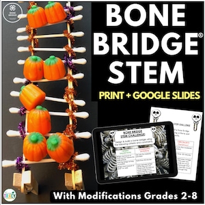 May include: A STEM educational activity kit titled BONE BRIDGE STEM featuring a bridge constructed from cotton swabs, orange pumpkin-shaped items, and purple and orange tinsel, alongside a digital tablet and printed challenge cards.