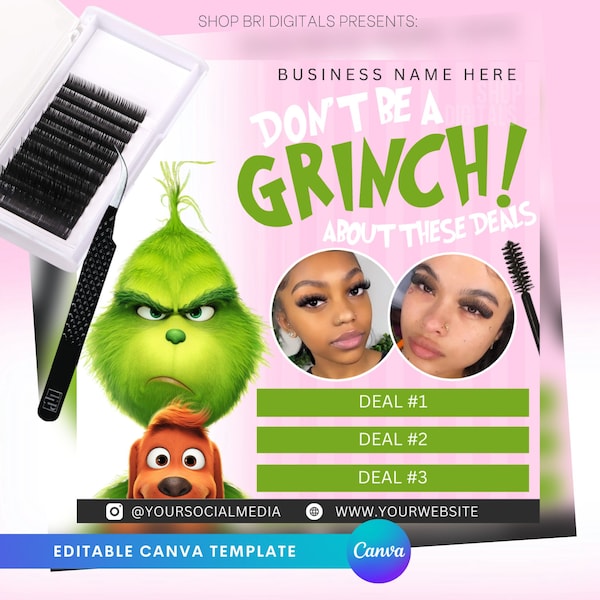 Christmas Lash Extensions Flyer | Holiday lash sale flyer | Book Now Lash beauty Flyer | December booking | Grinch holiday flyer | DIY flyer