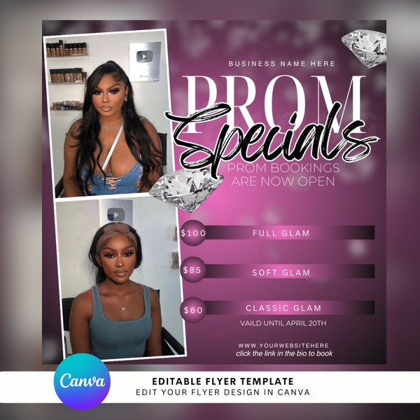 Prom Bookings Flyer, Prom Makeup Flyer, Lash Sale Flyer, Book Now Flyer, Beauty Flyer, Hair Flyer, Prom Glam Flyer, April Bookings Flyer