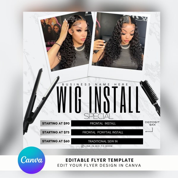 Wig Install Specials template, social media templates, ponytails, braids, instagram flyer, hair, sew in flyer, Diy flyer template, bookings