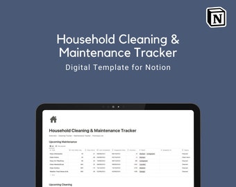 Op de afbeelding: Een screenshot van een Notion-sjabloon voor een huishoudelijke schoonmaak- en onderhoudstracker. Het sjabloon bevat secties voor aankomend onderhoud en aankomende schoonmaak, met kolommen voor taak, hoe vaak, laatst voltooid, voorgestelde datum, overtijd, kamer, toegewezen aan en status.