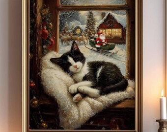 Tuxedo Cat Christmas Poster, Xmas Cat Christmas Wall Art, Festive Holiday Home Decor, Black and White Cat Gift Print, UNFRAMED
