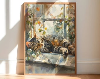 Tabby Cat in Window DIGITAL DOWNLOAD, Cat PRINTABLE Wall Art